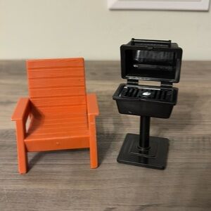 Vintage Fisher Price Patio/Outdoor Furniture Faux Wood CHAIR & GRILL